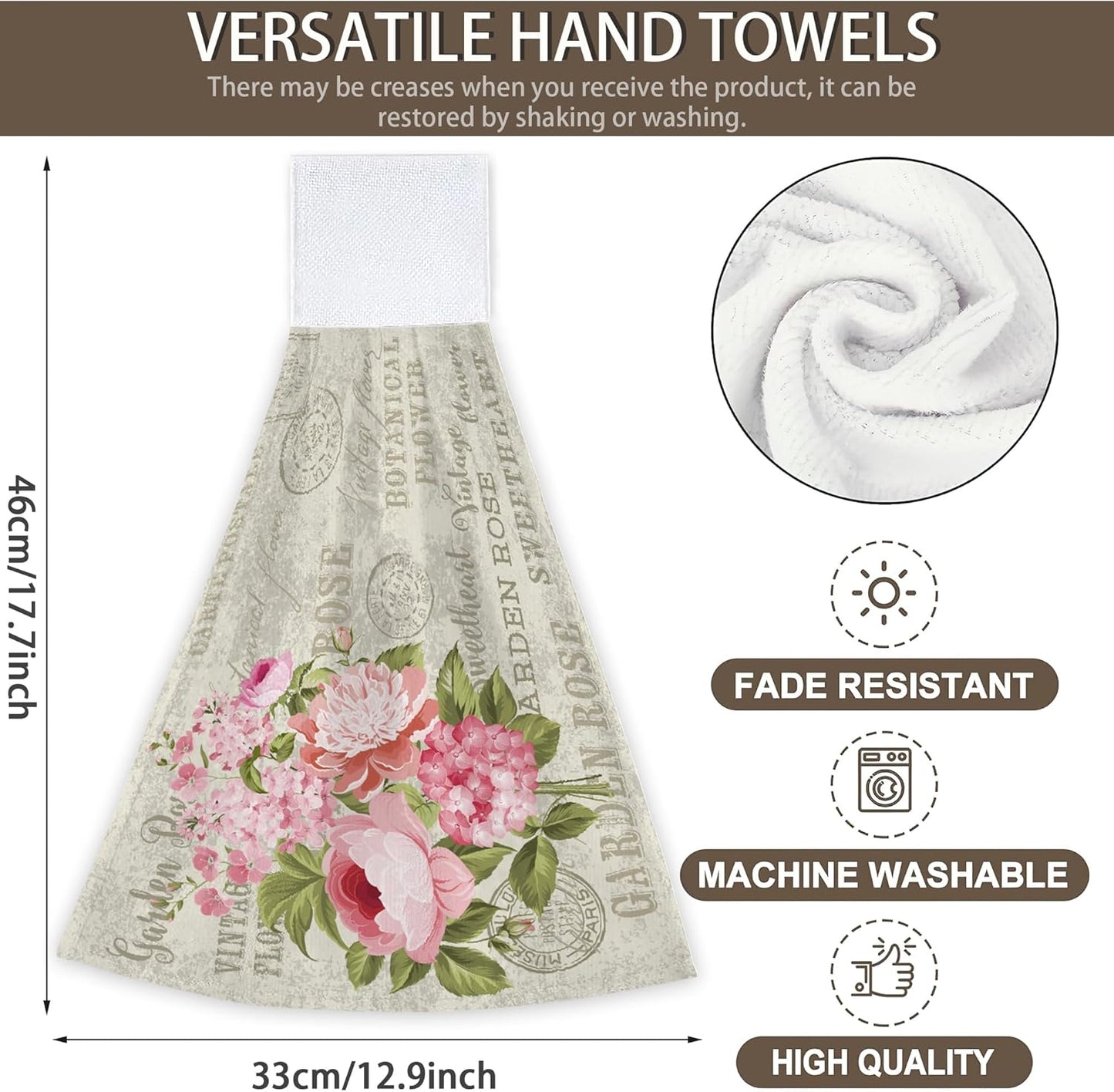 Vintage Pink Rose Flowers Hanging Kitchen Towels 2 Pieces Hand Towel Loop Dish Cloth Tie Towels Tea Bar Towels for Bathroom Farmhouse Housewarming Tabletop Home