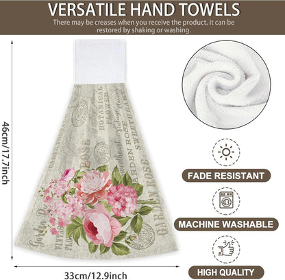 Vintage Pink Rose Flowers Hanging Kitchen Towels 2 Pieces Hand Towel Loop Dish Cloth Tie Towels Tea Bar Towels for Bathroom Farmhouse Housewarming Tabletop Home