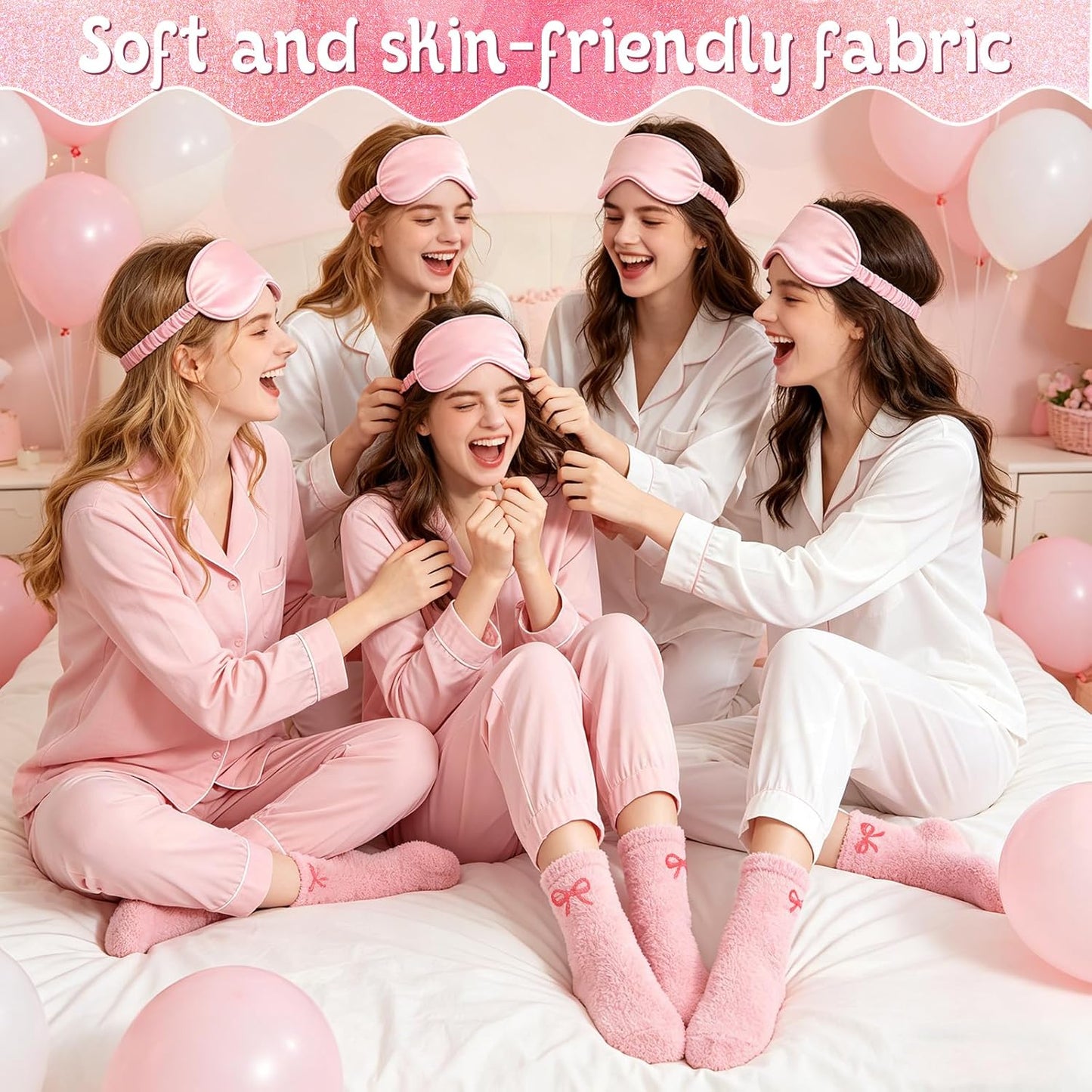 56 Pcs Pink Spa Sleepover Party Supplies Include Sleep Eye Mask Wristband Scrunchie Spa Headband with Coquette Bow Mirror Hair Comb Gift Bags for Women (Spa Party Favors（6 setd）)