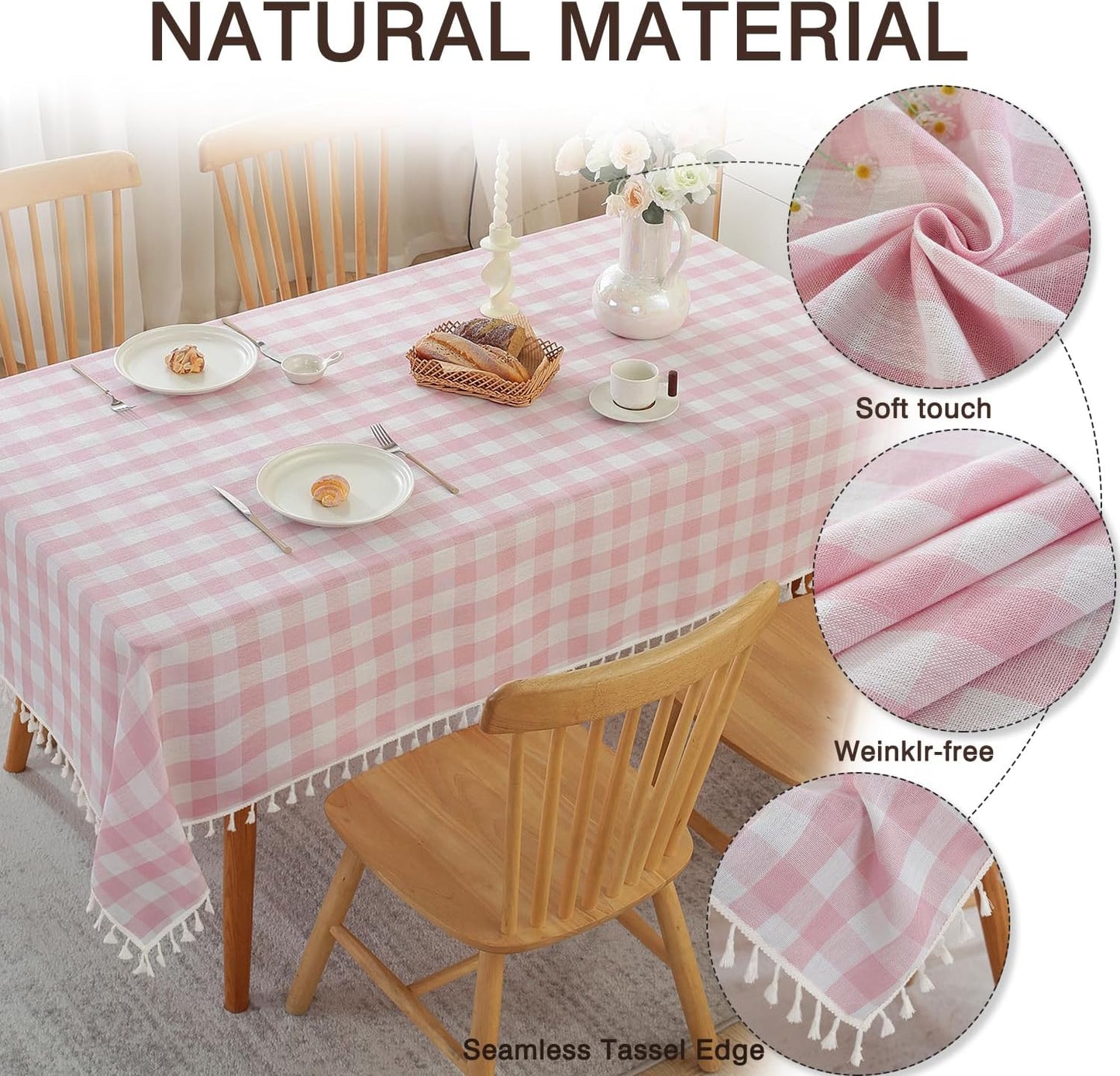 JIALE Gingham Tablecloth Rectangle Cotton Linen Fabric Checkered Table Cloth with Tassel Washable Wrinkle Free Buffalo Plaid Table Cover for Birthday Party Picnic Outdoor, Pink, 55x75