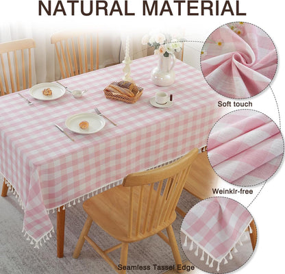 JIALE Gingham Tablecloth Rectangle Cotton Linen Fabric Checkered Table Cloth with Tassel Washable Wrinkle Free Buffalo Plaid Table Cover for Birthday Party Picnic Outdoor, Pink, 55x75