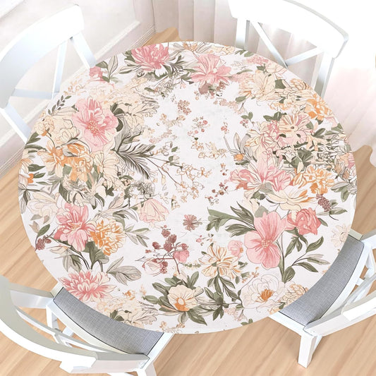 Chinoiserie Round Fitted Tablecloth with Elastic Edge,Water-Resistant Vintage Spring Oriental Pink White Floral for 40-44" Found Tables Pastoral Cream Flower Table Cloth for Dinner,Outdoor,Patio