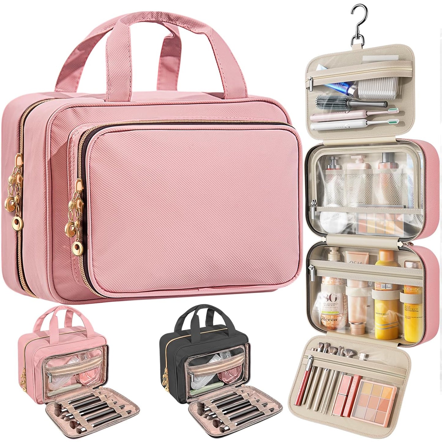 Travel Toiletry Bag for Women – Waterproof Hanging Organizer with Multiple Compartments, Fits Full-Size Toiletries and Makeup Accessories, Compact & Portable, Travel Essentials (Medium, Pink)