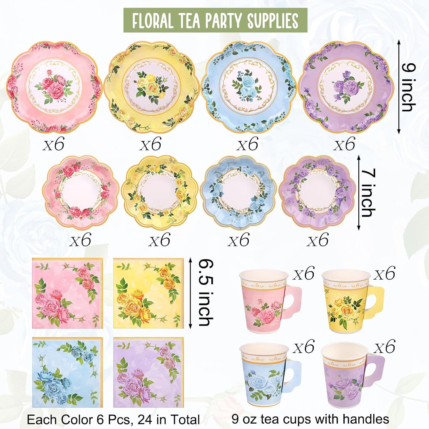 Kochorie 96 Piece Floral Paper Tea Cups and Saucers 9 Oz Teacup with Handle 9 Inch and 7 Inch Paper Plate Napkin Disposable Tea Party Supplies Serve 24 for Wedding Birthday, Pink, Blue, Yellow, Purple