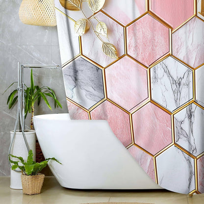 JAWO Pink Shower Curtain, Modern Abstract Geometric Shower Curtains for Bathroom Decor, Gold Leaves Waterproof Polyester Fabric Shower Curtain with 12 Hooks, 36x72