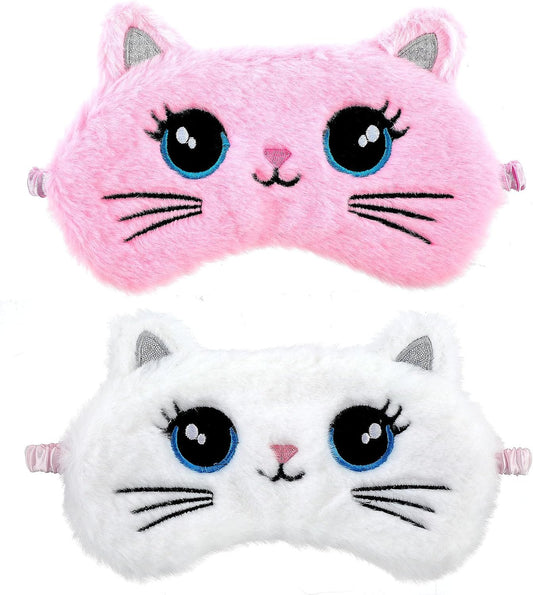 2 Pcs Plush Eye Mask Soft Sleeping Blindfold Eye Cover Comfortable Cute Animal Sleeping Mask Satin Nap Night Eyeshade Cover for Women Men Gift (Pink White Cat Style)