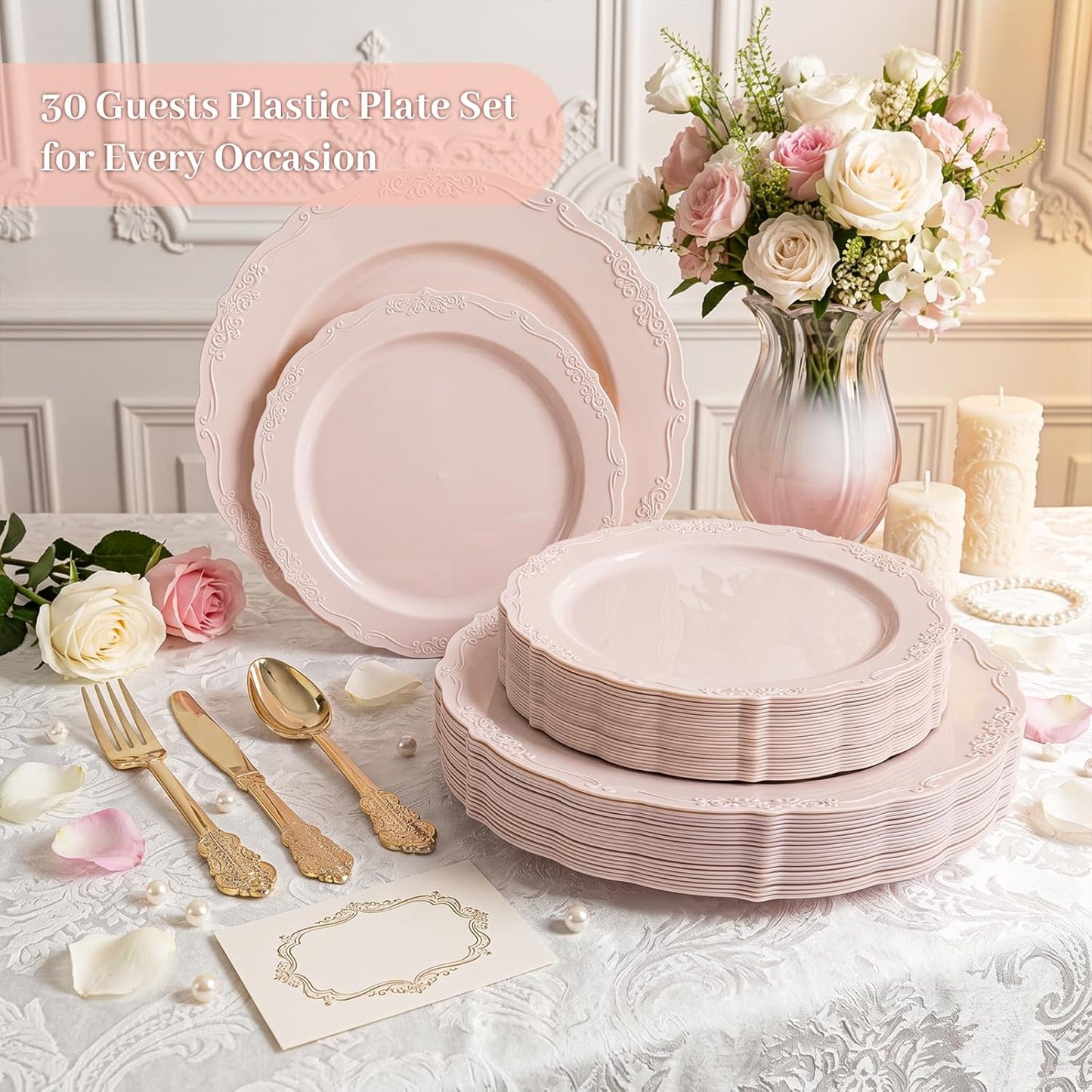 DaYammi 150Pcs Pink Plastic Plates & Gold Plastic Silverware,Pink Disposable Plates for Party Include 30 Dinner Plate,30 Dessert Plate,30 Gold Forks and 30 Spoons, 30 Knives for Wedding Bridal Shower