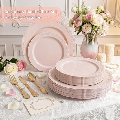 DaYammi 150Pcs Pink Plastic Plates & Gold Plastic Silverware,Pink Disposable Plates for Party Include 30 Dinner Plate,30 Dessert Plate,30 Gold Forks and 30 Spoons, 30 Knives for Wedding Bridal Shower