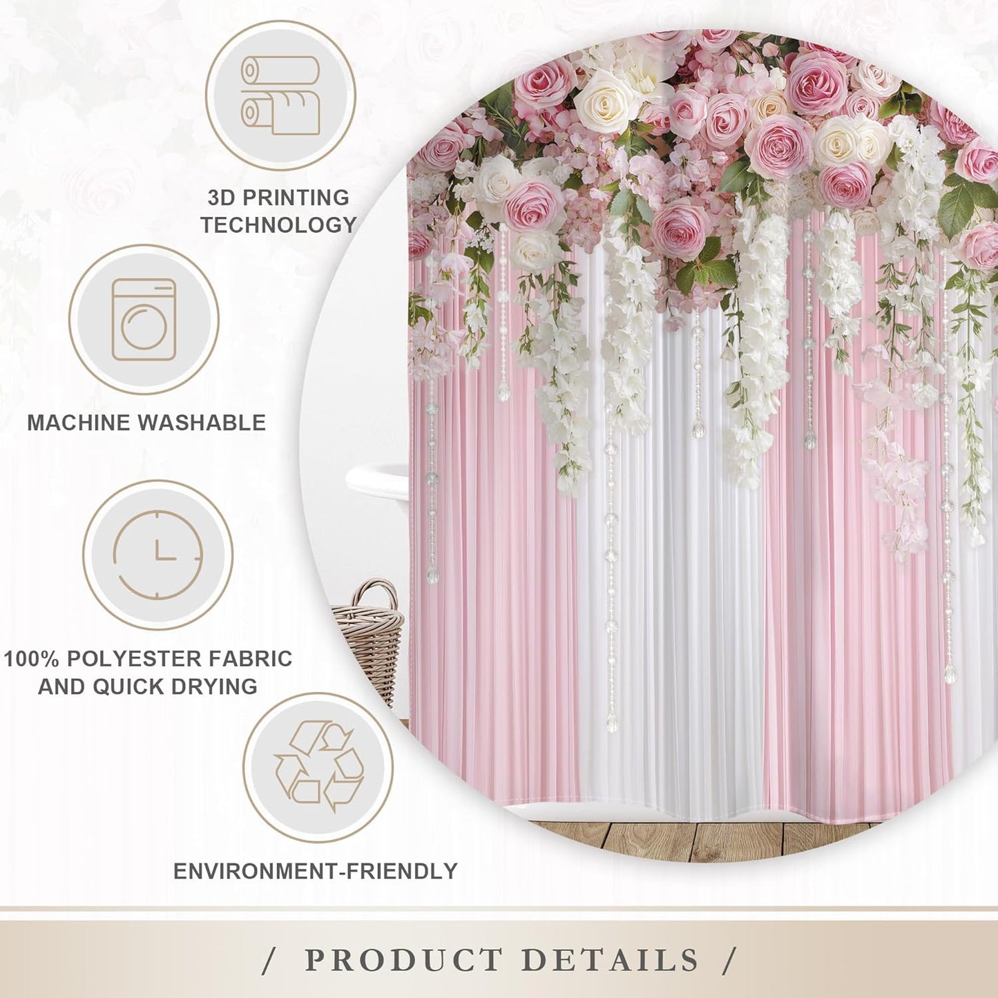 Glawry Pink Floral Shower Curtain,Girly Romantic Spring Blossom Flowers Bathroom Curtains, Girl Women Pink Roses Shower Curtain Set 60Wx72L Inches Bath Accessories Decor Fabric 12 Hooks