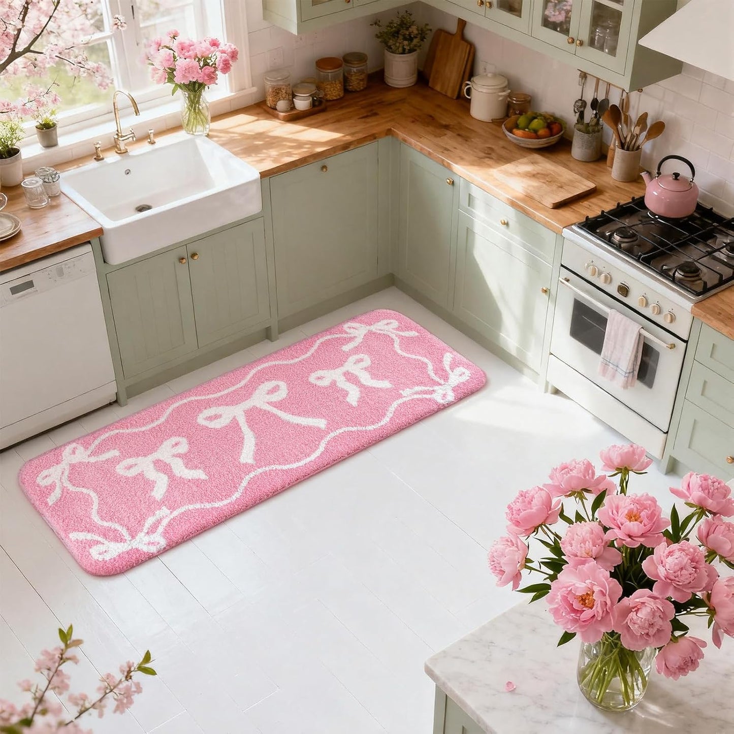 Dunzy Bow Bath Mat Bow Bedroom Rug Cute Large Non Slip Super Soft Absorbent Bathroom Rug Washable for Bedroom Bathroom Floor Tub Shower Home Decor Accessories (Pink,15.8 x 46.9 Inch)