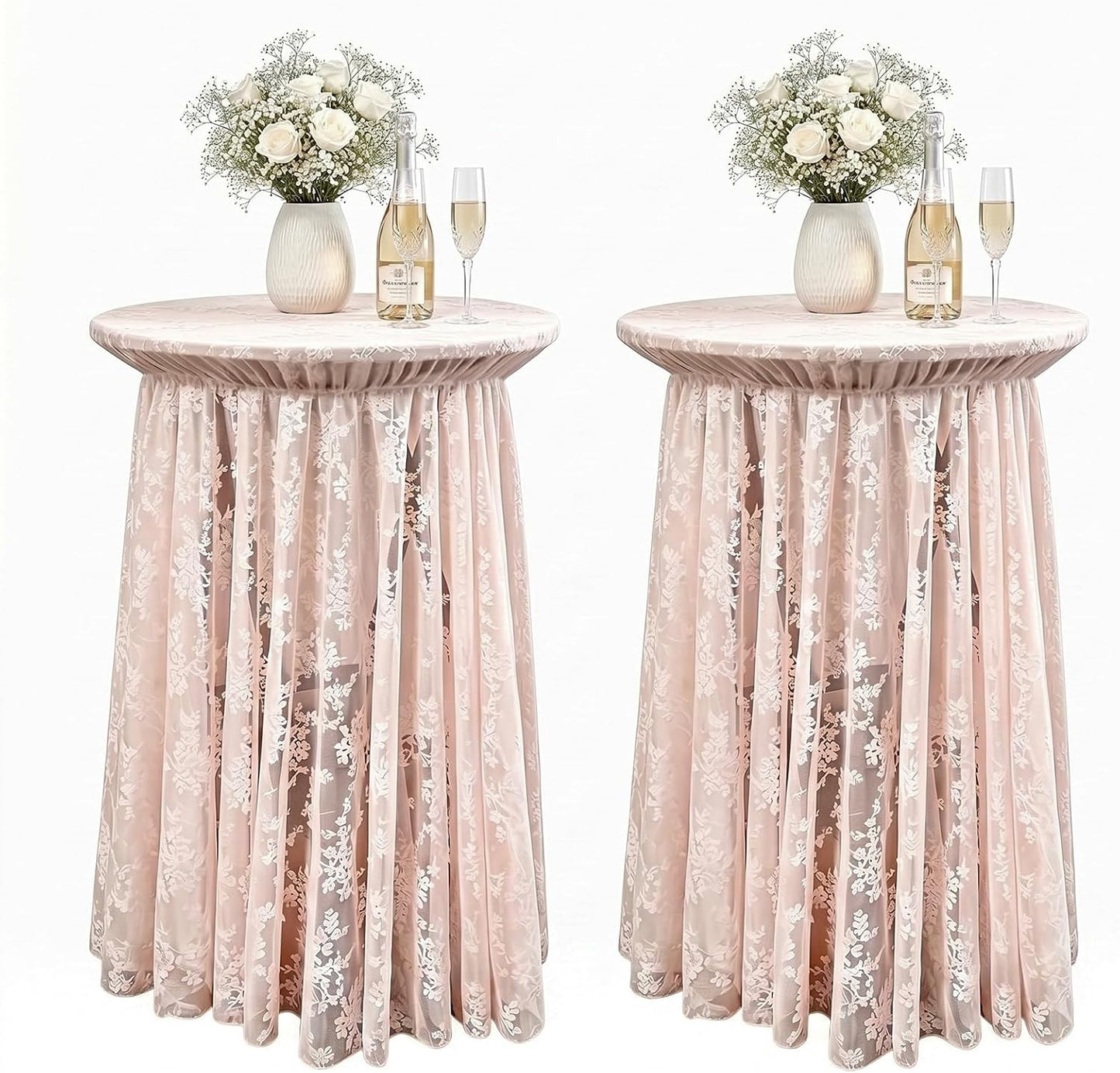 2-Pack Coral Pink Lace Fabric Cocktail Table Covers, Stretch High Top Highboy Tablecloths with Ruffle Skirt, Wrinkle-Resistant, for Wedding Fashion Banquet Home Party Tables (32" Dia x 43" H)