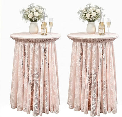 2-Pack Coral Pink Lace Fabric Cocktail Table Covers, Stretch High Top Highboy Tablecloths with Ruffle Skirt, Wrinkle-Resistant, for Wedding Fashion Banquet Home Party Tables (32" Dia x 43" H)