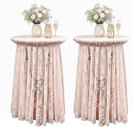 2-Pack Coral Pink Lace Fabric Cocktail Table Covers, Stretch High Top Highboy Tablecloths with Ruffle Skirt, Wrinkle-Resistant, for Wedding Fashion Banquet Home Party Tables (32" Dia x 43" H)