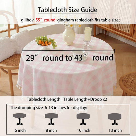 Gingham Round Tablecloth, Tassels Checkered Table Cloth Washable Cotton Linen Plaid Table Cover for Spring Summer Kitchen Dining Party,Pink and White,55x55