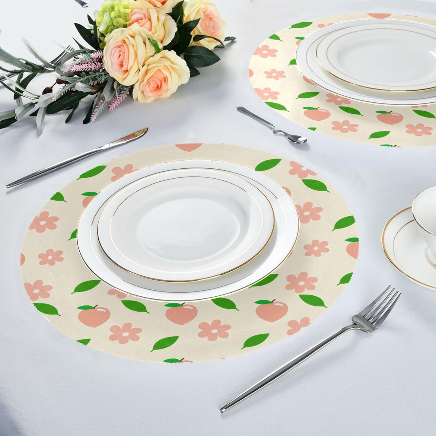 Round Placemats Set of 6 Pink Peaches Washable Non-Slip Heat Resistant Place Mats, 15.4” Dining Table Place Mats for Kitchen Holiday Party Decoration