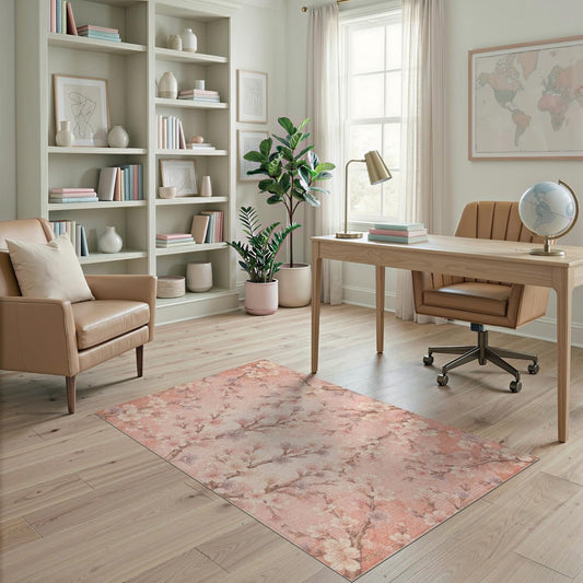 4'x6' Washable Flatwoven Rug, Peach Cottagecore Floral Easy Care Throw Carpet Stain Resistant Low Profile Floor Covering for Dorm Room, Small Living Room, Apartment | Ref:2158230