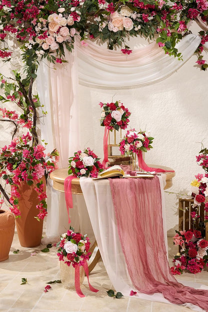 Ling's Moment Pink White Artificial Wedding Arch Flowers Kit Pack of 4, 2pcs Hanging Flower Arrangement 2pcs Chiffon Drapes Ceremony Reception Silk Rose Arbor Backdrop Floral Garden Outdoor Decoration