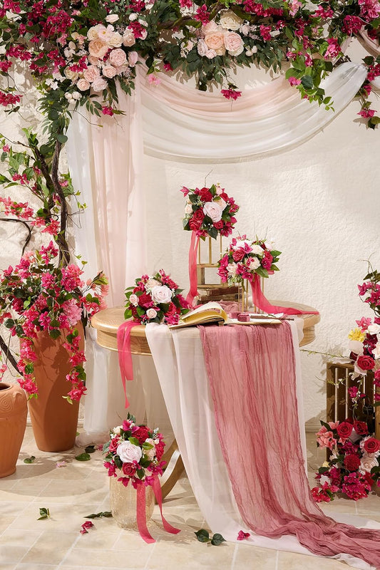 Ling's Moment Pink White Artificial Wedding Arch Flowers Kit Pack of 4, 2pcs Hanging Flower Arrangement 2pcs Chiffon Drapes Ceremony Reception Silk Rose Arbor Backdrop Floral Garden Outdoor Decoration