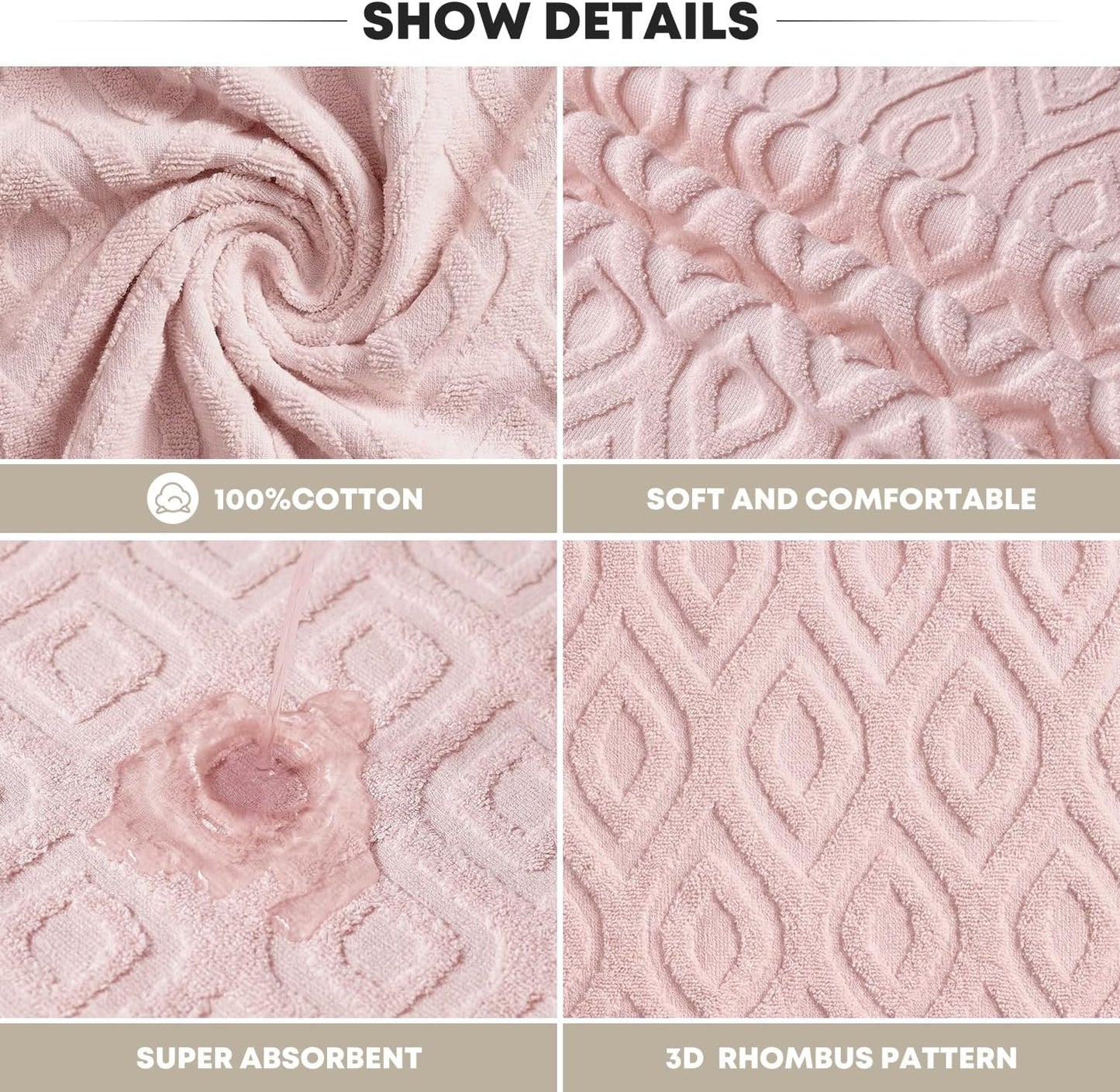Artoid Mode 2 Pcs Pink 3D Diamond Grid Jacquard Hand Towels for Bathroom, 100% Cotton Soft Absorbent Bathroom Decor Towels, 13.7 x 29.5 Inch