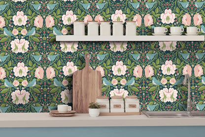 HAOKHOME Floral Peel and Stick Wallpaper Floral Bird Strawberry Green/Pink/Blue Removable Paper for Bathroom Bedroom Decor 17.3in x 9.8ft