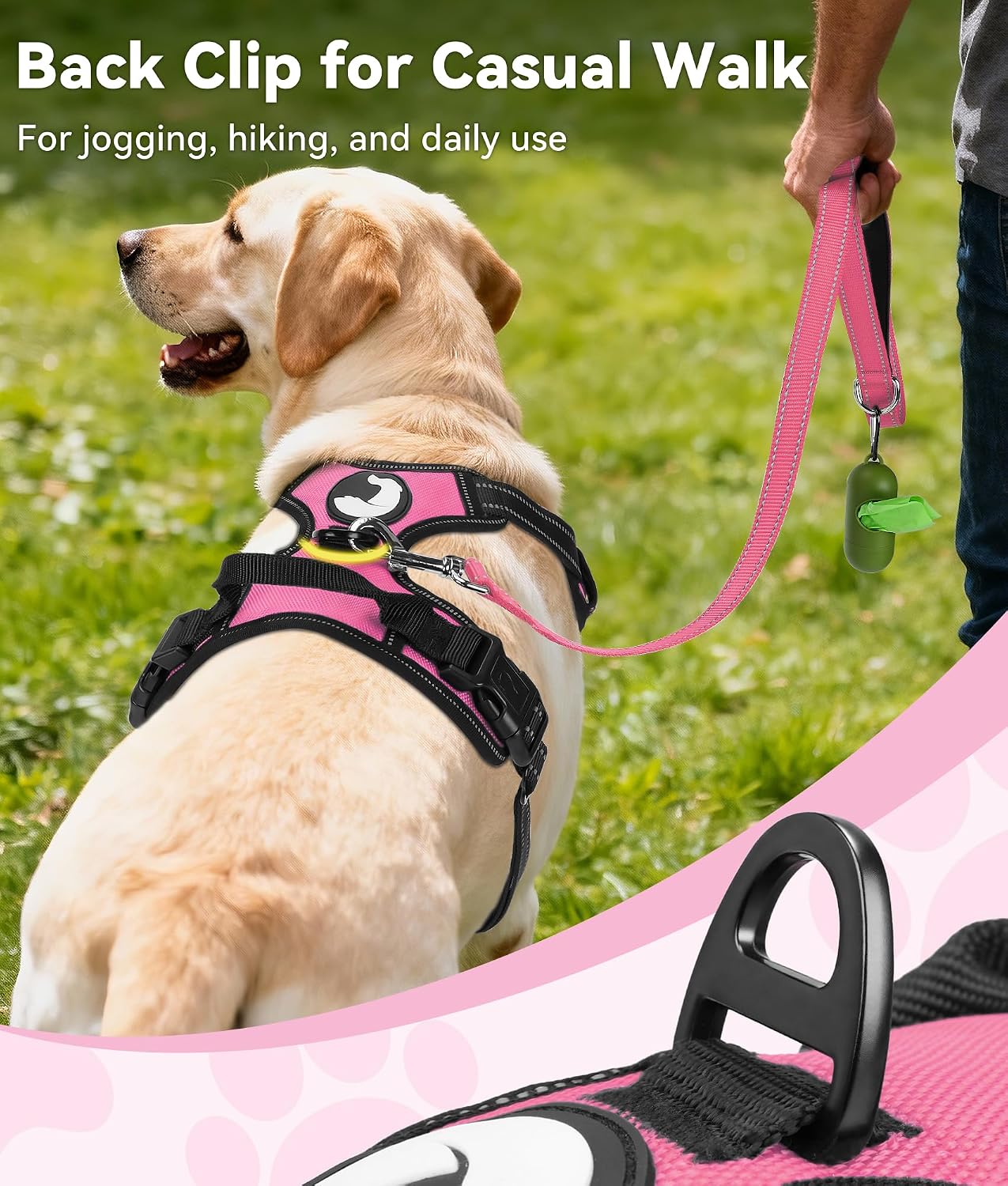 Joytale No Pull Dog Harness for Large Dogs, Reflective Pet Vest with Front Clip, Adjustable Soft Padded Harnesses with Easy Control Handle for Training and Walking, Hot Pink, L