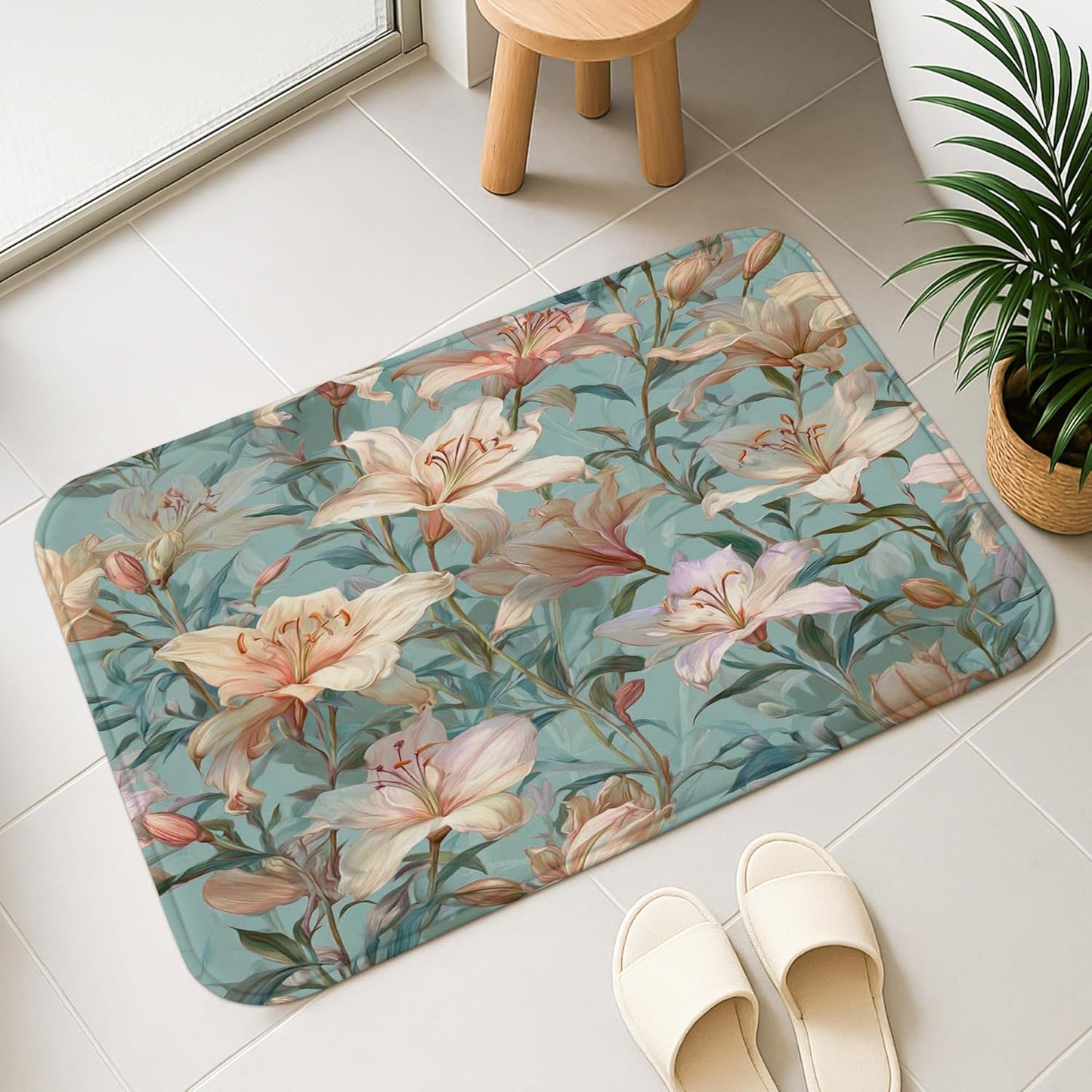 Floral Dream Quick Dry Bath Mat, Elegant Peach Lily Pattern Absorbent Non Slip Shower Mat, Summer Memory Foam Washable Bath Rugs for Bathroom Toilet Restroom Decorative 20x32 Inch
