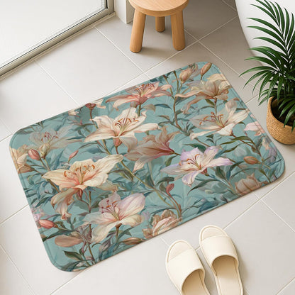 Floral Dream Quick Dry Bath Mat, Elegant Peach Lily Pattern Absorbent Non Slip Shower Mat, Summer Memory Foam Washable Bath Rugs for Bathroom Toilet Restroom Decorative 20x32 Inch