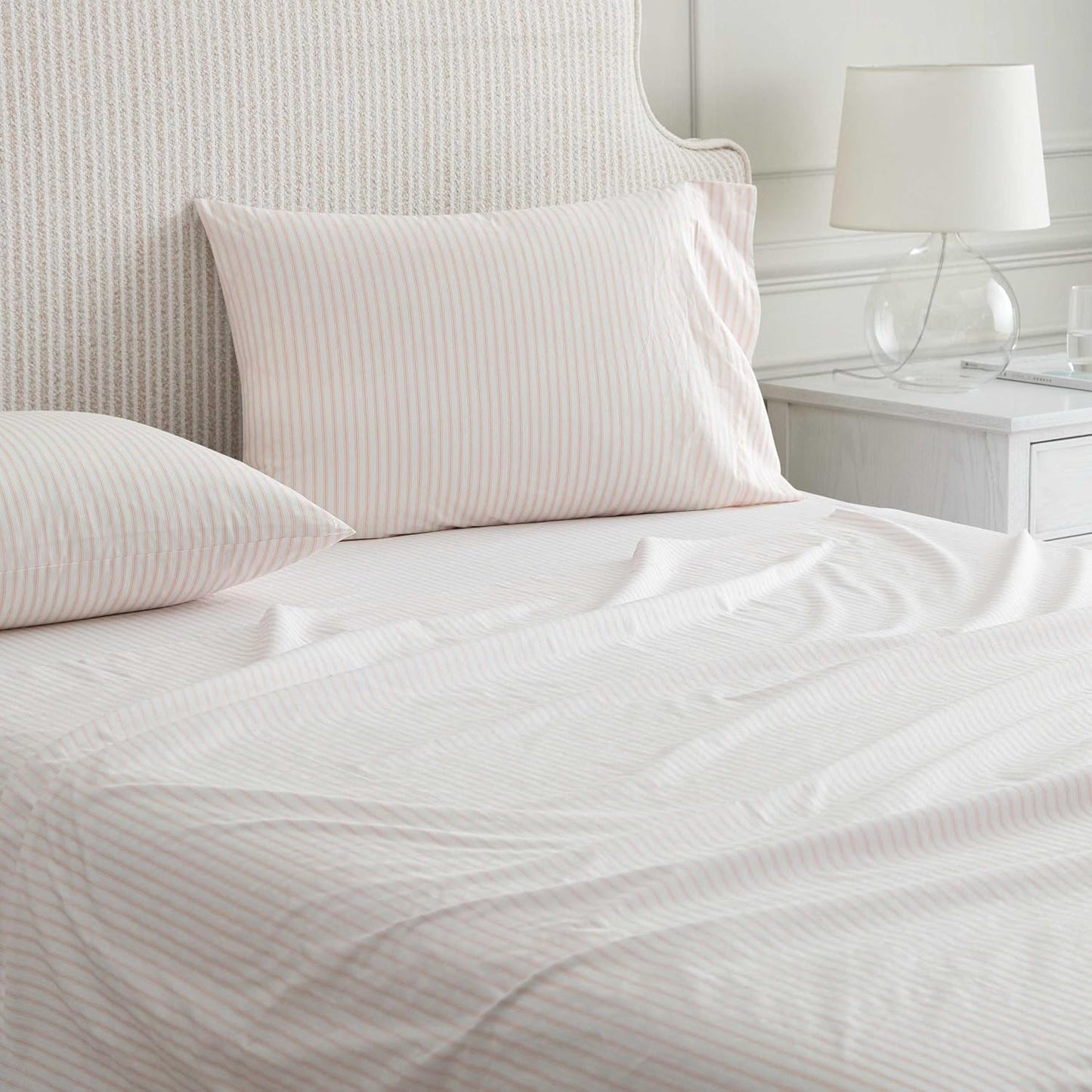 Martha Stewart - Queen Size Sheets Set, Crisp & Tailored Cooling Sheets with a Smooth Cotton Percale Lightweight Feel - Bed Sheets with Matching Pillowcases & Fitted Sheet (Ticking Stripe Pink)