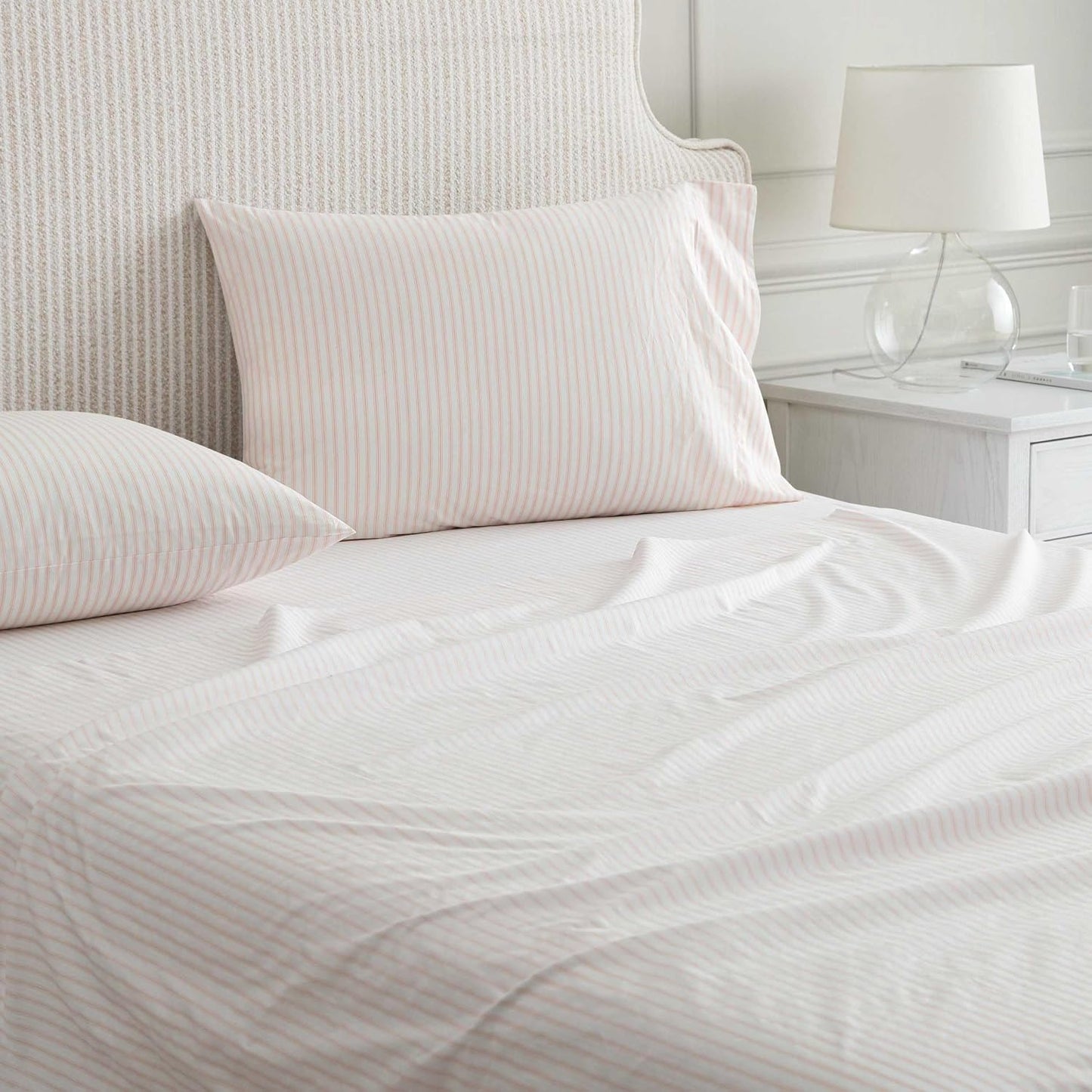 Martha Stewart - Full Size Sheets Set, Crisp & Tailored Cooling Sheets with a Smooth Cotton Percale Lightweight Feel - Bed Sheets with Matching Pillowcases & Fitted Sheet (Ticking Stripe Pink)