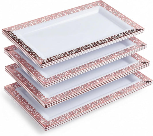 Yumchikel-Plastic Serving Tray & Platter Set (4pk) White & Rose Gold Lace Disposable Party Trays & Platters for Food - Weddings, Dessert Table, Cupcake Display -14"x7.5" inches