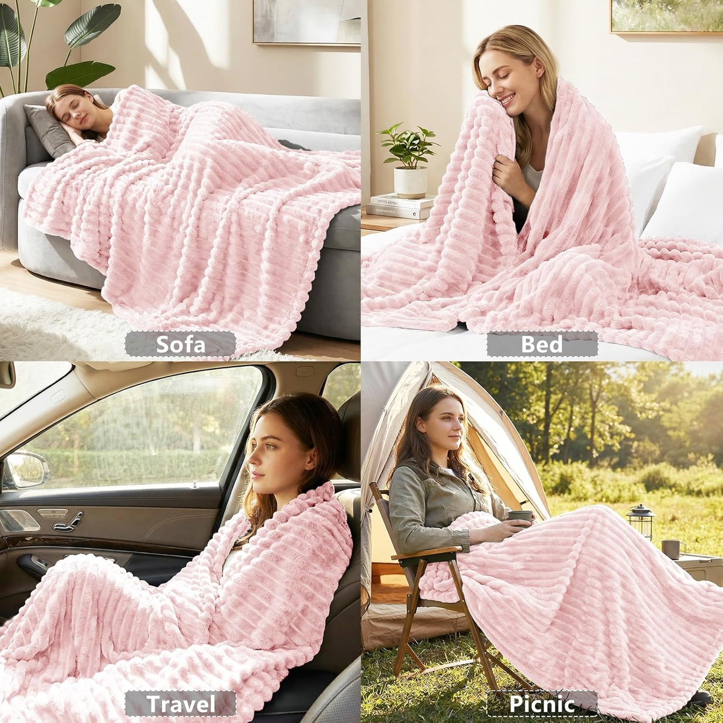 HIMEET Fleece Pink Throw Blanket for Bed - 300GSM Ribbed Soft Cozy Blanket for Couch, Graduation Birthday Gifts for Women Girls Her, College Dorm Essentials Aesthetic Room Throws, 50x60 Inches