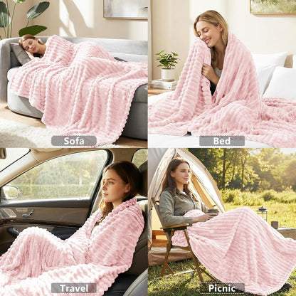 HIMEET Fleece Pink Throw Blanket for Bed - 300GSM Ribbed Soft Cozy Blanket for Couch, Graduation Birthday Gifts for Women Girls Her, College Dorm Essentials Aesthetic Room Throws, 50x60 Inches