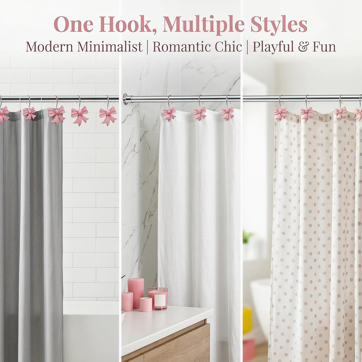 Bow Knot Decorative Shower Curtain Hooks, 12pcs Pink Cute Art Deco Resin Rust Resistant Hooks Glide Shower Ring Hangs Holder Bling for Girl Bathroom Baby Room Nursery