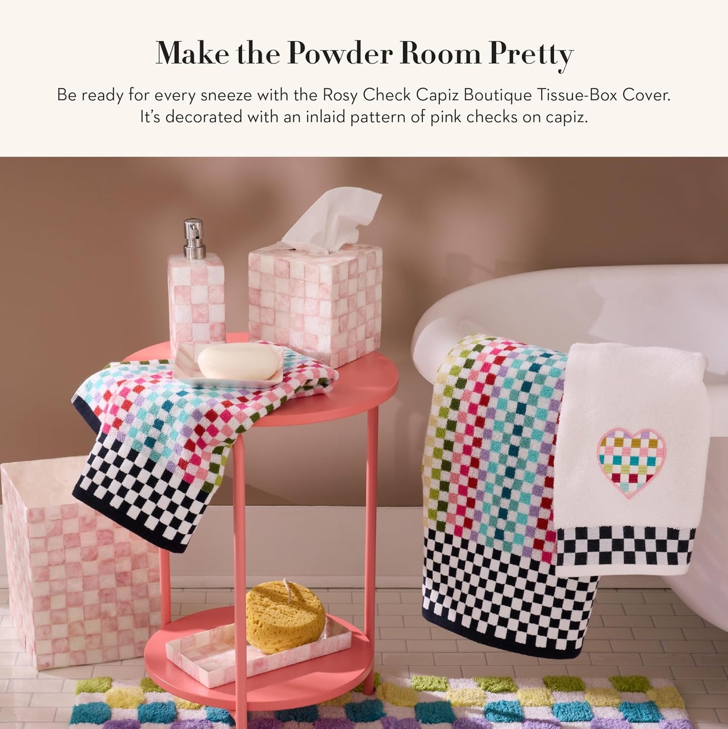MACKENZIE-CHILDS Boutique Square Capiz Tissue-Box Cover, Decorative Tissue Holder, Pink-and-White Rosy Check