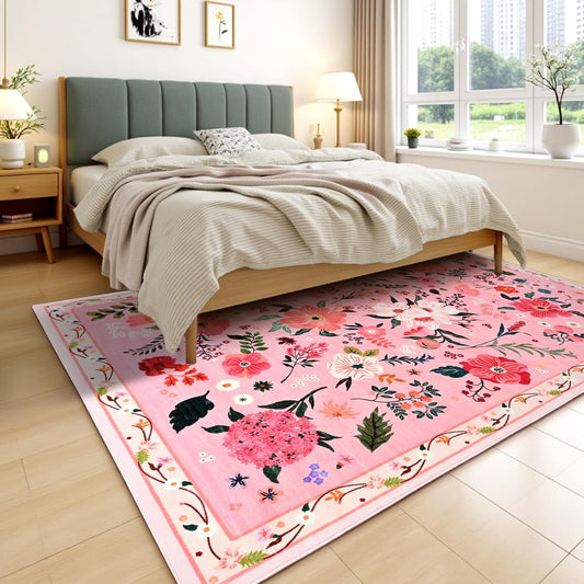 Terrug Floral Large Area Rug for Living Room, 6x9 Pink Washable Rug Boho Ultra-Thin Carpet, Soft Non Slip Stain Resistant Vintage Rug for Living Room, Bedroom, Dorm, Dining Room, Office