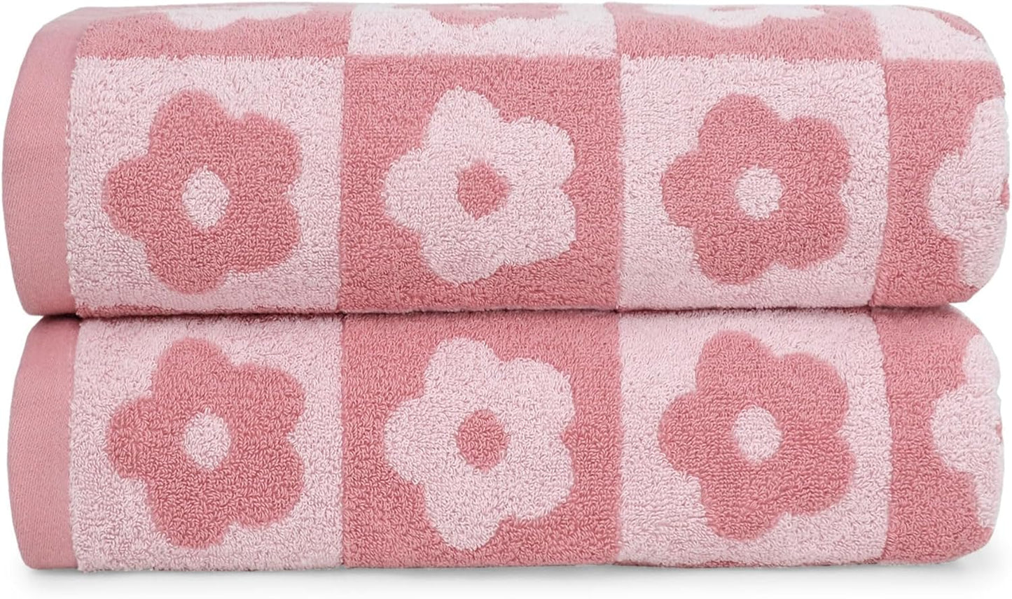 Jacquotha 2-Pieces Luxury Bath Towels Checkered Floral, Pink Towels for Women Girls Shower Body 27.5x55 Inches, Bathroom Decor & Pool Days, Cotton