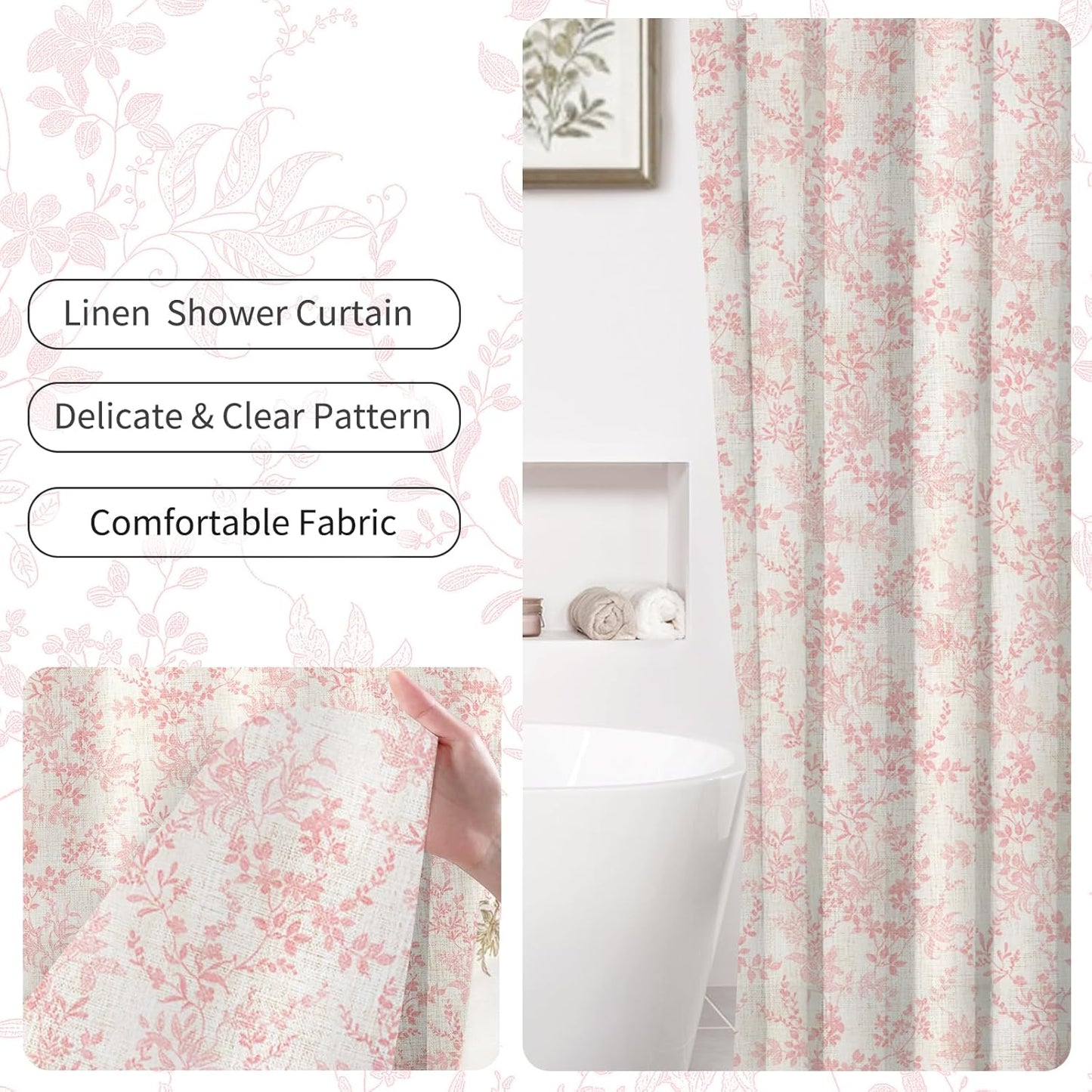 Pink Cotton Waterproof Shower Curtain, Farmhouse Elegance Floral Shower Curtains for Bathroom Decor, Chic Fabric Cloth Flower Leaves Shower Curtain 72" W x 72" L