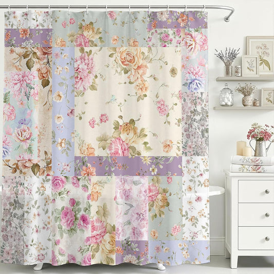 Mocsicka Boho Shower Curtain Pink Floral Patchwork Retro Bohemian Floral Bathroom Shower Curtain Vintage Flower Waterproof Fabric Shower Curtains Bathtub Decor with 12 Hooks 72 X 72 Inch
