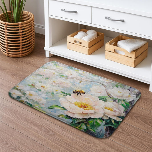 Vintage Floral Quick Dry Bath Mat, Peach Peony Absorbent Non Slip Shower Mat, Spring Decorative Washable Bathroom Rugs 20x32 Inch