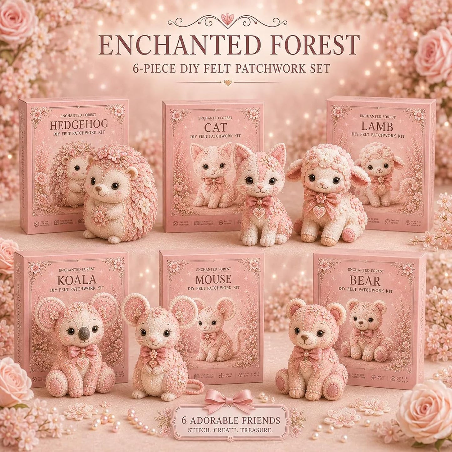 Pink Woodland Friends DIY Felt Patchwork Kit, Pastoral Wild Creatures Handicraft Activity, Manual Tailoring Bundle, Textile Hobby, DIY Fabric Animal, Unique Roseate Doll Ornament (Blush Deer)
