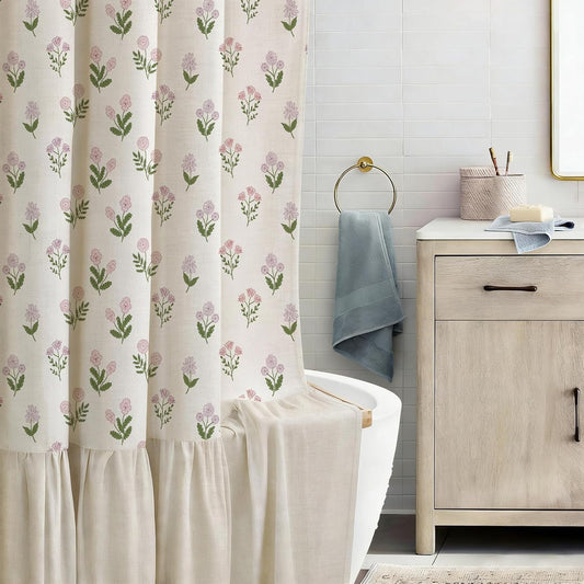 ORTIGIA Linen Textured Ruffle Shower Curtain 72x72 Inch with Metal Hooks, Vintage Pink Floral Flowers Block Print Boho Waterproof Bath Curtain for Rustic Farmhouse Bathroom Decor