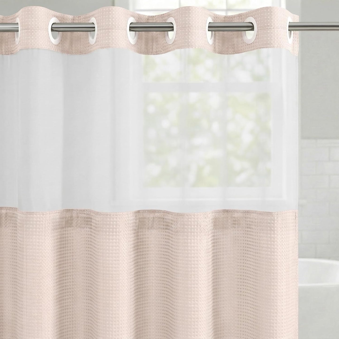 Americanflat 72x75 Hookless Waffle Pattern Shower Curtain - Water-Resistant Long Shower Curtain with Sheer Panel, Snap-in Liner, and Durable Grommets - 100% Polyester - Pink