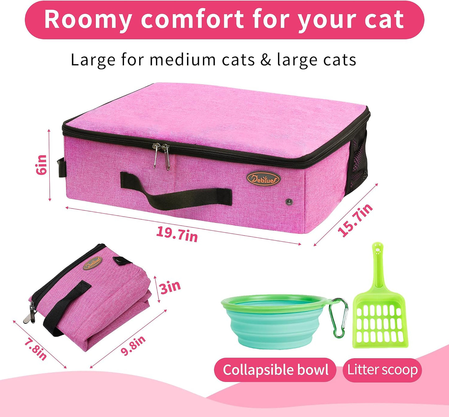 Deblue Portable Cat Travel Litter Box in Car, Collapsible Cat Litter Carrier with Lid, Waterproof Foldable Litter Box for Outdoor Fit for Large Cats, Leak-Proof, Sturdy, Lightweight-Pink