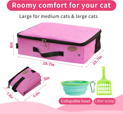 Deblue Portable Cat Travel Litter Box in Car, Collapsible Cat Litter Carrier with Lid, Waterproof Foldable Litter Box for Outdoor Fit for Large Cats, Leak-Proof, Sturdy, Lightweight-Pink