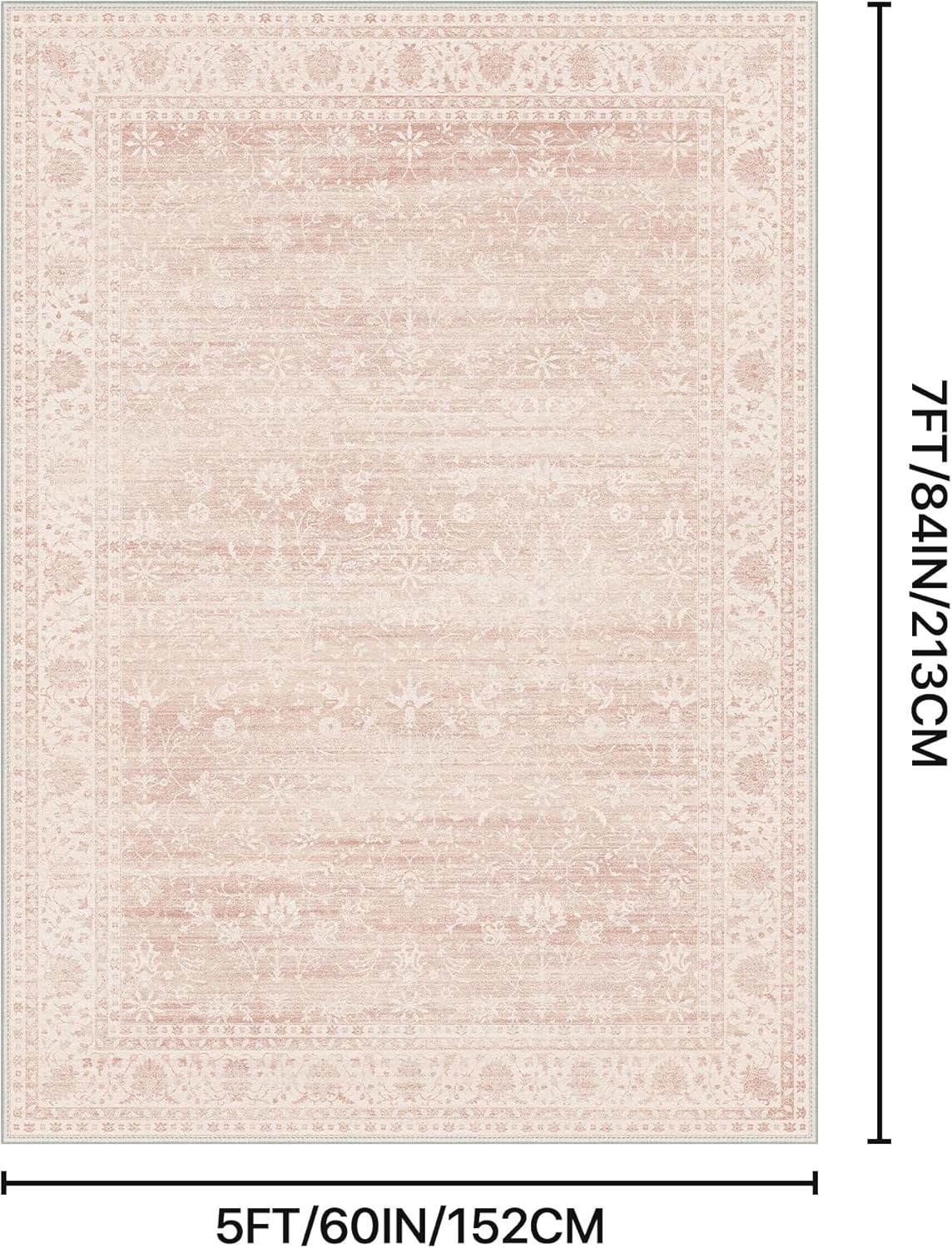 BESBLEE 5x7 Area Rugs for Living Room, Machine Washable Rug, Non Slip Vintage Rugs, Low Pile Lightweight Print Rug for Bedroom, Dining Room, Home Office, Pink