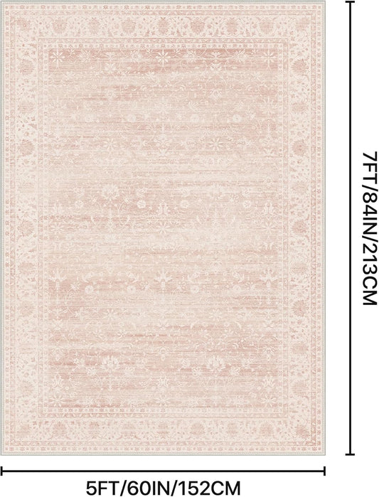 BESBLEE 5x7 Area Rugs for Living Room, Machine Washable Rug, Non Slip Vintage Rugs, Low Pile Lightweight Print Rug for Bedroom, Dining Room, Home Office, Pink