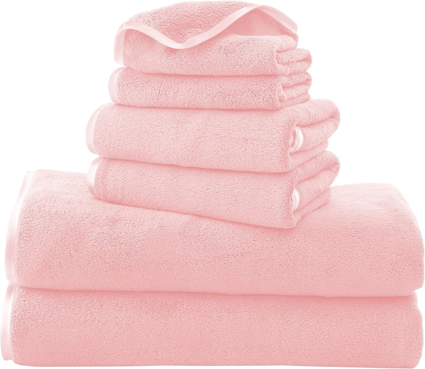TENSTARS Luxury Silk Hemming Towel Set - Light Thin Quick Drying - 2 Bath Towels 2 Hand Towels 2 Washcloths - Ultra Soft Microfiber Towel for Bath Fitness, Sports, Yoga, Travel (Pink 6 Pieces)