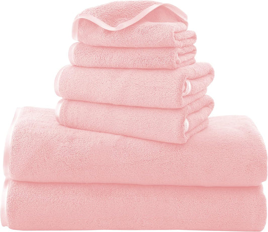 TENSTARS Luxury Silk Hemming Towel Set - Light Thin Quick Drying - 2 Bath Towels 2 Hand Towels 2 Washcloths - Ultra Soft Microfiber Towel for Bath Fitness, Sports, Yoga, Travel (Pink 6 Pieces)