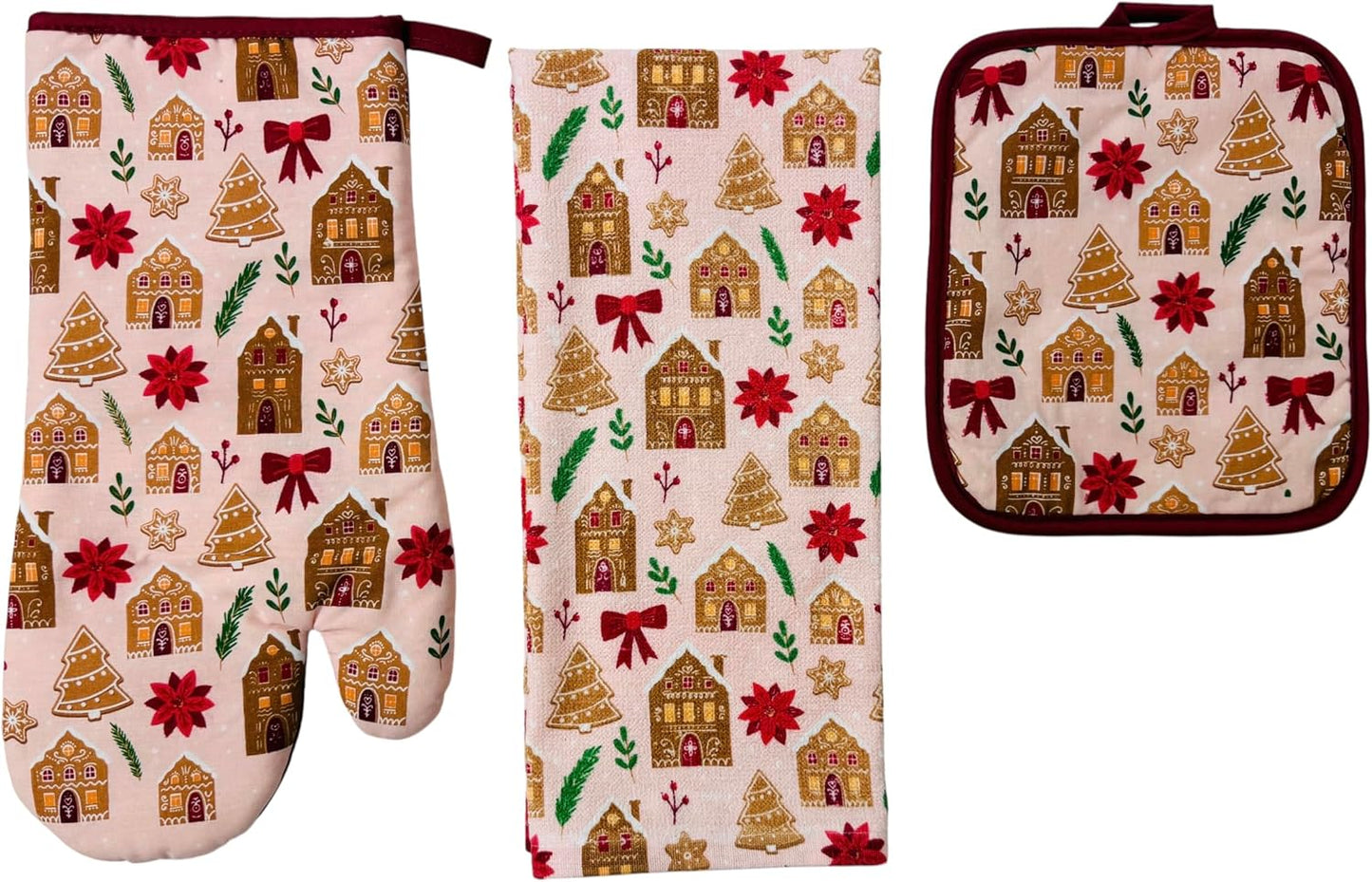Holiday Kitchen Dish Towel and Pot Holders – Set of 3 100% Cotton Pink Gingerbread Houses, Trees, and Poinsettia Design – One (1) Kitchen Towel, One (1) Oven Mitt, and One (1) Pot Holder