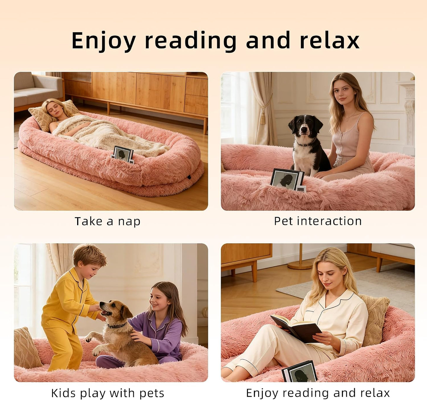 Human Dog Bed with Pillow & Blanket - 71 × 45 × 12 Inch Oversized Pet Bed for Large Dogs, Leak-Resistant Washable Dog Couch Bed for People and Dogs to Share, Soft Long Plush Lounge Pet Sofa Pink.